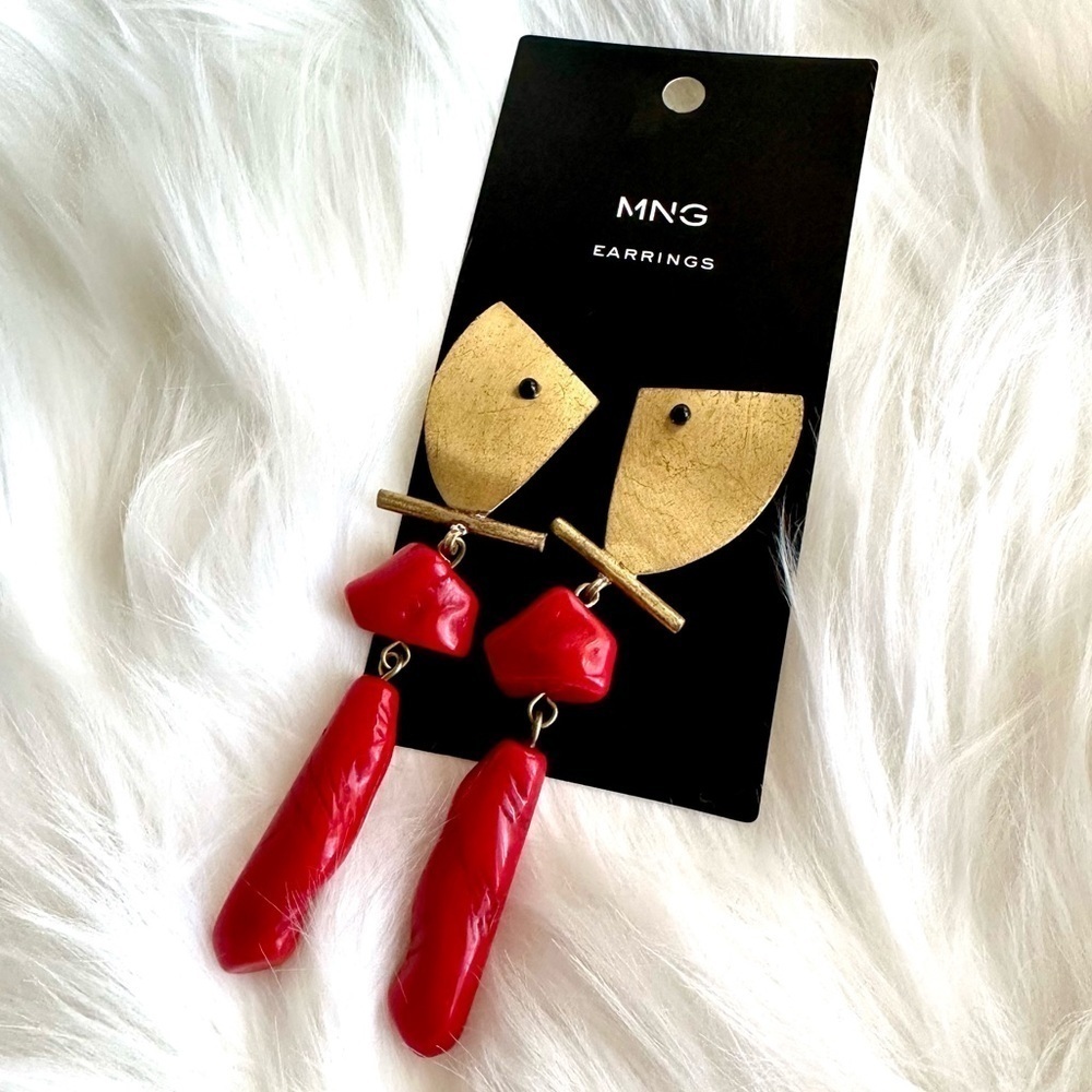 MANGO Eclectic Boho Coral and Gold Statement Earrings